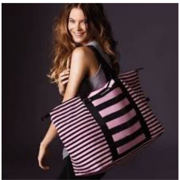 Victoria's Secret Handbags - Victorias secret signature stripe pink/black shopper duffle bag fashion